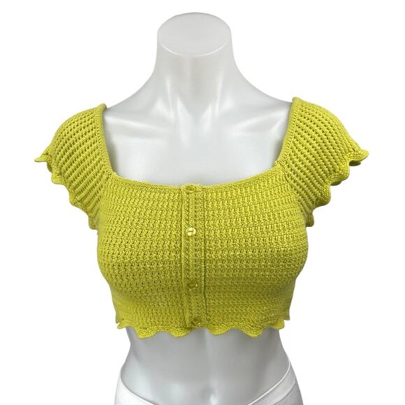 Zara Yellow Crochet Knit Short Sleeve Square Neck Button Crop Sweater Top Size S - Picture 1 of 4